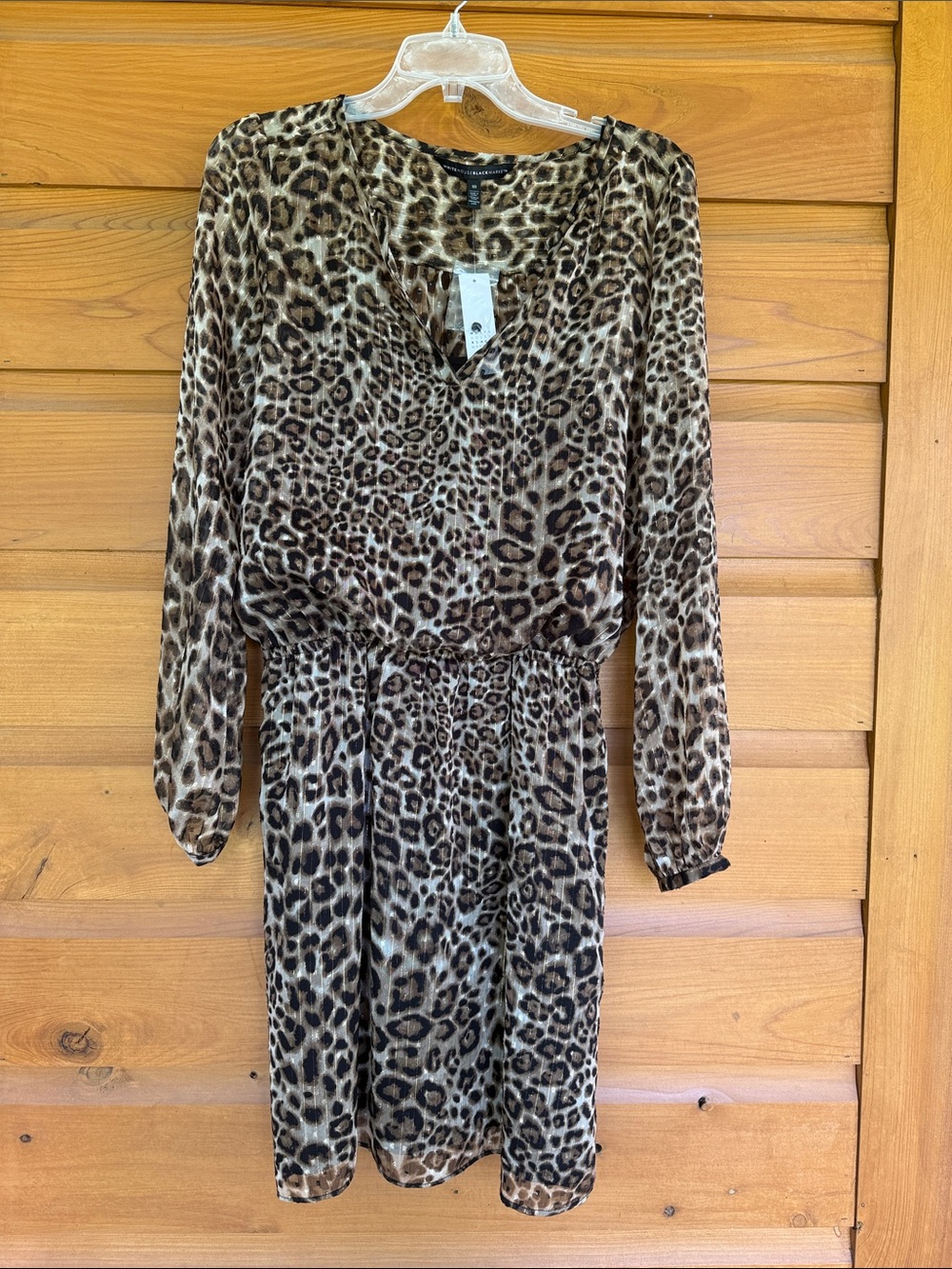 White House Black Market Leopard Print V-Neck Top with Metallic Stripes